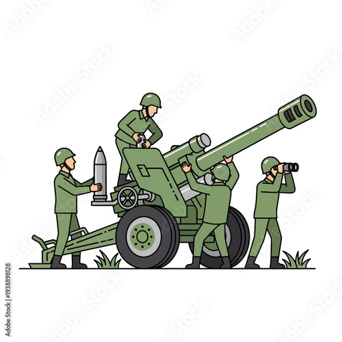 Military soldiers loading artillery cannon for combat operation