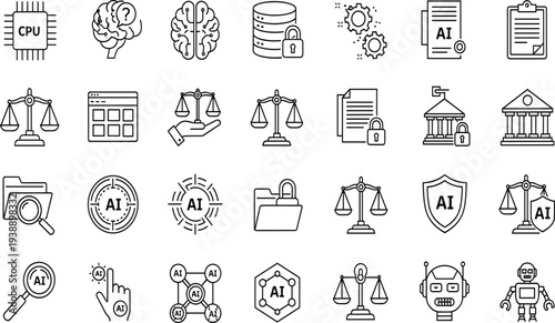 Artificial, intelligence, AI, law, ethics, justice, outline, icon, set, brain, robot, scale, security, data, vector, line, art, graphic, design, illustration