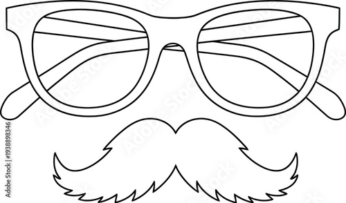 Outline drawing features classic thick mustache paired with stylish hipster eyeglasses on a clean white background