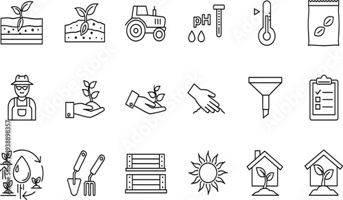 Agriculture and Farming Line Icon Set Featuring Sustainable Gardening, Farmer, Tractor, Plant Growth, Soil Quality, Harvest Tools, Greenhouse, and Organic Seeds