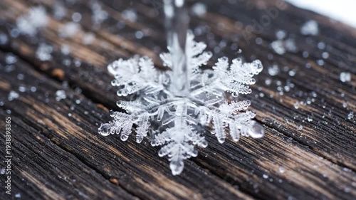 Snowflake Lands Softly on Dark Wooden Surface Dusting Winter Scene