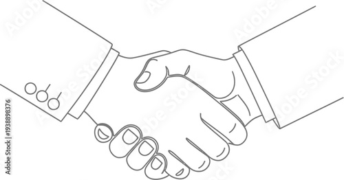 Simple continuous line drawing illustration of a professional handshake gesture symbolizing agreement, collaboration, partnership, or successful business deal completion.