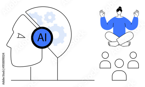 Technology innovation, mental awareness, team collaboration, machine learning, AI integration, personal growth. A profile head with AI, gears meditating figure group icons. AI integration