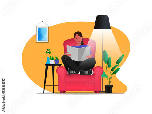 Staying at home.Beauty girl sitting in the red sofa and reading books.Warm colored home interior.