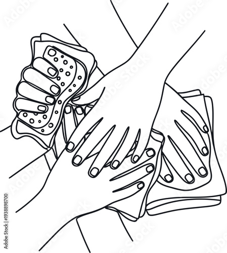Stylized illustration of many hands holding cleaning sponges and cloths in a continuous line art style for domestic chores.