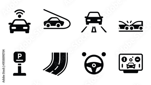 Car dashboard camera icon set, featuring road accident recording, safety monitoring, traffic surveillance, and vehicle control technology vector illustrations.