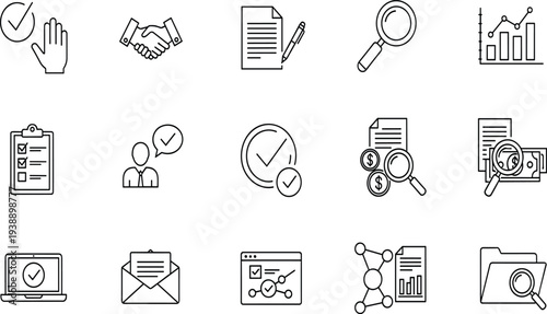 Business compliance and audit icons set featuring financial verification, document analysis, contract agreement, quality check, regulatory research, and professional inspection.