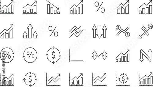 Business financial graph icons, stock market growth chart, data analysis symbols, profit increase arrow, currency exchange rate, economic statistics outline set.