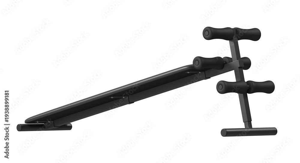 Naklejka premium Decline Sit Up Bench Back Perspective View, Black, 3D Render Isolated on White Background