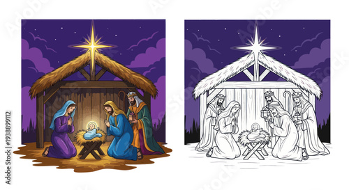 Nativity scene with baby Jesus, Mary, Joseph, and wise men under starry sky