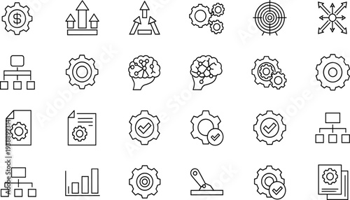 Business management process icons, financial growth charts, technical gear settings, strategic planning symbols, data analysis, organizational structure, corporate workflow optimization set.