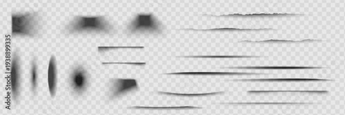 Various transparent shadows and straight linear to curved shapes on white background. Different intensity levels with depth and shading effects. Realistic