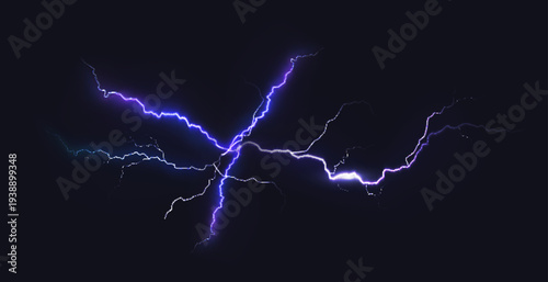 Blue thunder bolt light and electric energy discharge in form of circle on black background. Realistic 3d vector illustration round frame from storm lightning power effect.
