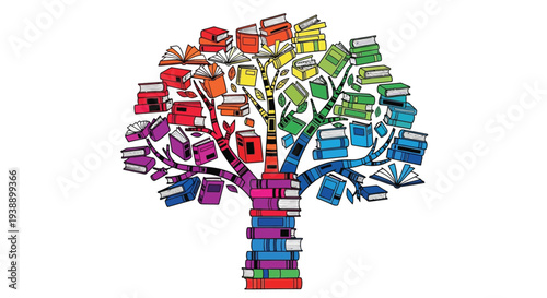 A colorful tree illustration composed entirely of stacked books