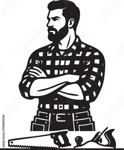 A confident carpenter, standing with crossed arms, embodies skill and expertise in woodworking, a symbol of craftsmanship and manual labor. 