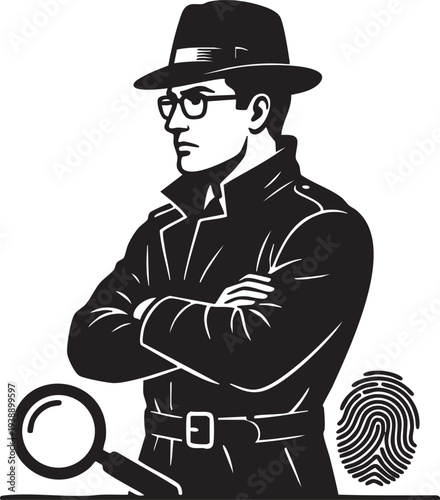 A stoic detective, clad in a trench coat and fedora, stands resolute, accompanied by a magnifying glass and fingerprint, symbolizing the meticulous nature of investigation.