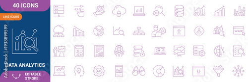 Data Analytics Icons Set. Containing database, statistics, server, network, big data, data processing, data mining, data visualization, analytics, cloud computing  and etc. line Icon. Editable stroke.