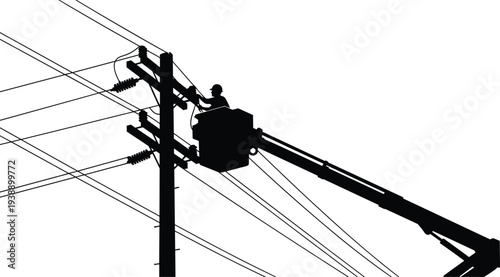 Black Silhouette of Electric Utility Lineman Working in Bucket Truck, Repairing Power Lines on High Voltage Pole, Electrical Maintenance Concept.