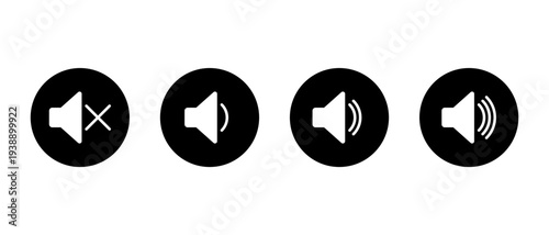 Speaker volume icon set in black circle. Mute sound to high symbol. Audio level sign