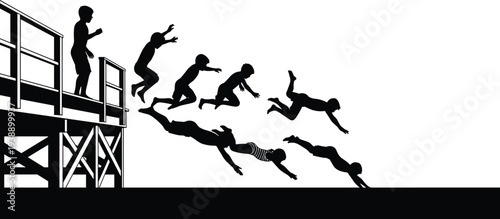 Black silhouette of group of children jumping and diving from a wooden pier into the water during summer vacation at beach