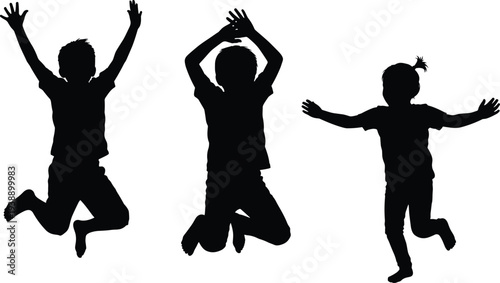 Black silhouette of happy children jumping and playing on white background, celebrating childhood joy, energy, and freedom