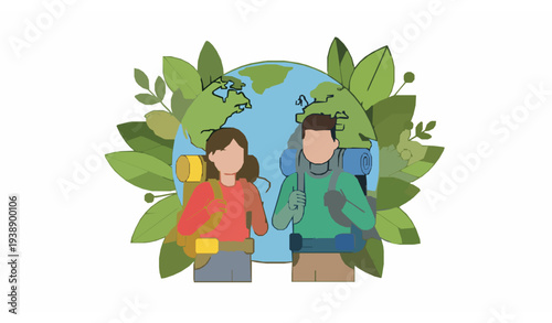 Sustainable Travel and Eco Tourism Concept with Young Hikers and Globe Vector Illustration