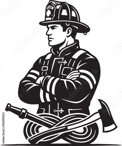 A resolute firefighter, embodying strength and readiness, stands tall, showcasing the tools of his trade.