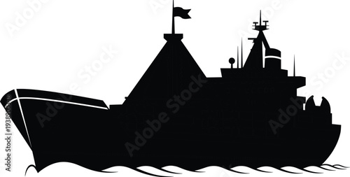 Black Silhouette of Large Container Cargo Ship on Ocean Waves, Industrial Maritime Freight Transport, Commercial Vessel for International Shipping Logistics.