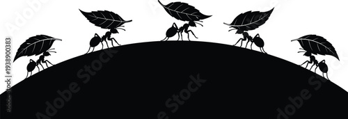 Black silhouette of leaf cutter ants carrying green leaves on a hill, symbol of teamwork, industrious nature, and environmental cooperation.