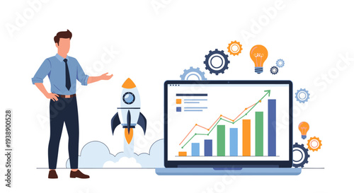 Businessman presenting data on a laptop with a graph and icons, wearing a blue shirt and tie on a white background.
