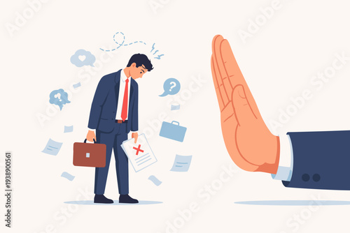 Businessman Facing Rejection with Giant Hand Stop Gesture, Job Application Refusal, Loan Denial, Insurance Request Declined, Career Failure, Disappointed Man Holding Document with Red Cross Mark