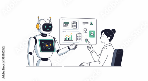 A robot and a businesswoman discussing data on a presentation board with various graphs and charts in a professional setting.
