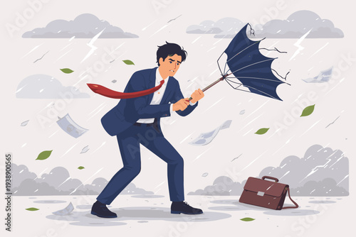 Businessman in suit struggling against wind and rain with broken umbrella, metaphor for economic crisis, financial loss, market instability, business failure, and overcoming adversity.