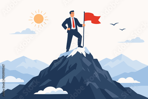 Ambitious businessman standing on top of a mountain peak holding a red flag, representing success, career achievement, leadership, motivation, reaching business goals, and project accomplishment.