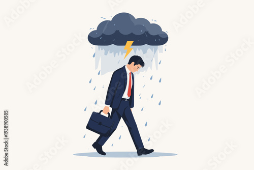 Sad Stressed Businessman Walking Under a Dark Storm Cloud with Rain and Lightning Representing Professional Failure, Financial Crisis, Mental Health Issues, Burnout, and Obstacles in Career Path.