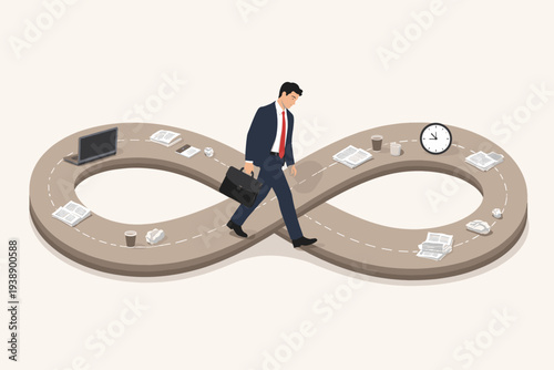 Tired businessman walking on an infinity loop road with office items, representing a repetitive career path, endless work cycle, lack of motivation, burnout, and routine job stagnation concept.