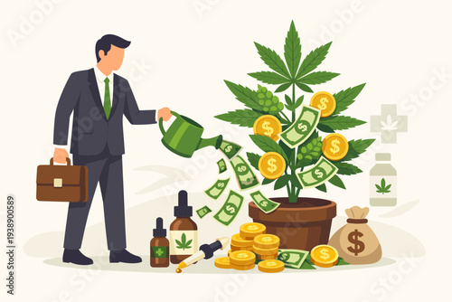 Professional businessman watering a marijuana plant with money, illustrating the lucrative legal cannabis industry, medical CBD oil production, financial investment, and herbal therapy growth.