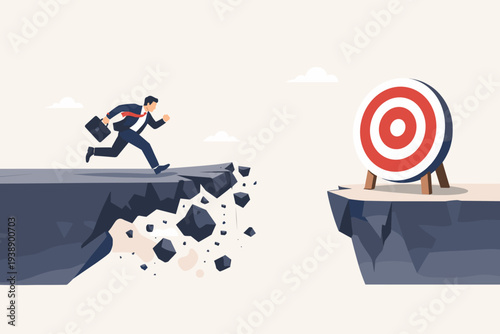 Businessman Running to a Target on a Collapsing Cliff Edge, Concept of Business Failure, Risk, and Struggle. Overcoming Hardship, Uncertainty, and Obstacles to Reach Goals in a Crisis Situation.