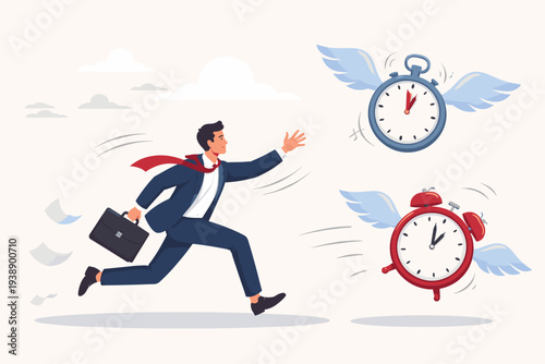Businessman in a suit running to catch flying clocks with wings, representing time management, deadline pressure, lack of time, and the concept of time flying in a busy professional work life.