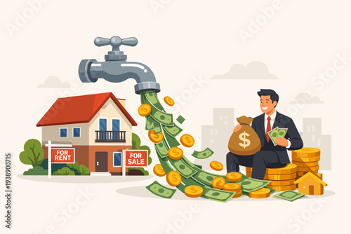 Successful businessman earning passive income from real estate investment with money flowing from a house faucet. Property rental revenue, home sale profit, and housing market financial growth.
