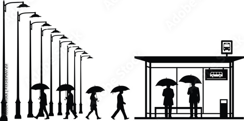 Black silhouette of people with umbrellas walking and waiting at a bus stop under street lights, rainy city day vector illustration.
