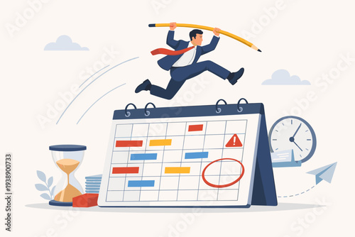 Businessman Pole Vaulting Over a Large Calendar with a Giant Pencil, Representing Time Management, Meeting Deadlines, Project Planning, and Overcoming Business Challenges, Flat Vector Illustration.