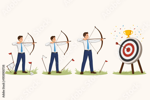 Professional businessman practicing archery to achieve success and hit the target, evolution of skill from failure to bullseye, concept of persistence, discipline, and continuous improvement goals.