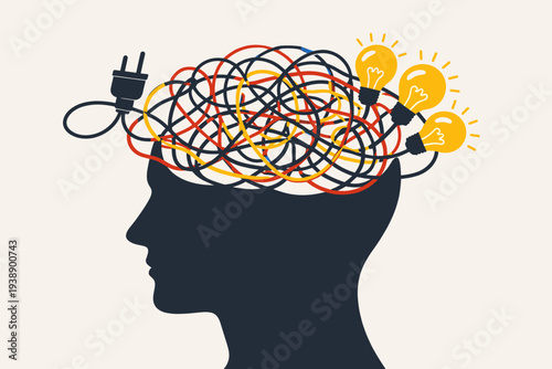 Overthinking and anxiety concept with a human head silhouette and tangled wires representing a chaotic mind, confusion, and the struggle to find creative ideas, solutions, or mental clarity.