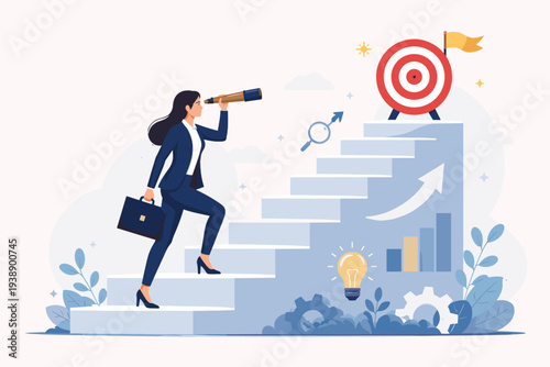 Ambitious businesswoman climbing stairs towards a target using a telescope to see opportunities, symbolizing career growth, visionary leadership, professional success, and reaching goals.