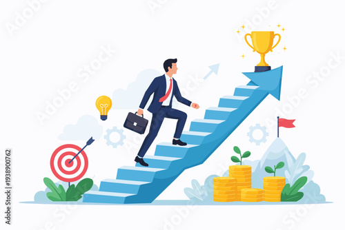 Businessman climbing blue arrow stairs to reach golden trophy for career success and growth. Business achievement, leadership, and progress concept with target, idea lightbulb, and money coins.