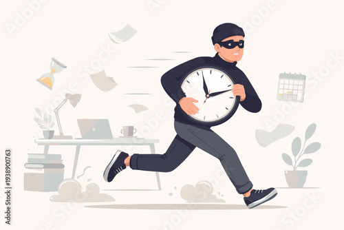 Vector illustration of a time thief running away with a large clock in an office setting, representing procrastination, poor time management, missed deadlines, and lost productivity at work.