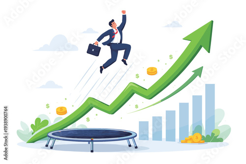 Successful businessman jumping on a trampoline towards a rising green growth arrow, symbolizing stock market rebound, financial profit, career achievement, and overcoming business challenges.