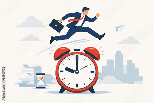 Professional businessman jumping over a giant alarm clock to meet a deadline, representing time management, productivity, punctuality, and efficient work habits in a modern office environment.