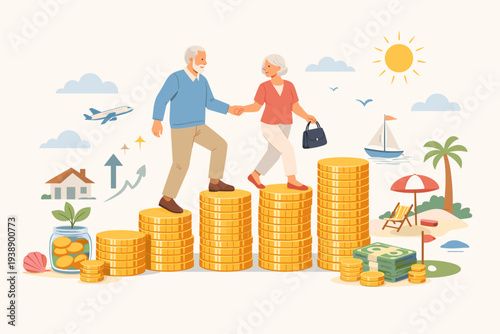 Senior couple climbing a gold coin staircase for retirement savings and pension fund planning, illustrating financial security, wealth growth, and future travel, home, and lifestyle expenses.